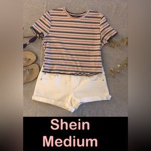 SHEIN White and Pink Crop Fitted Short Sleeve T-Shirt
